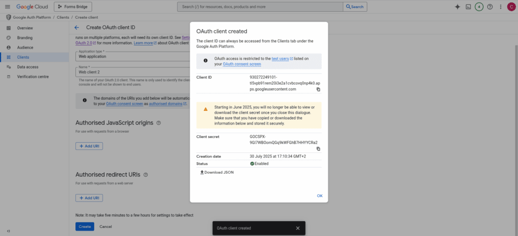 Screenshot of the pop-up with the client credentials displayed after the client creation.