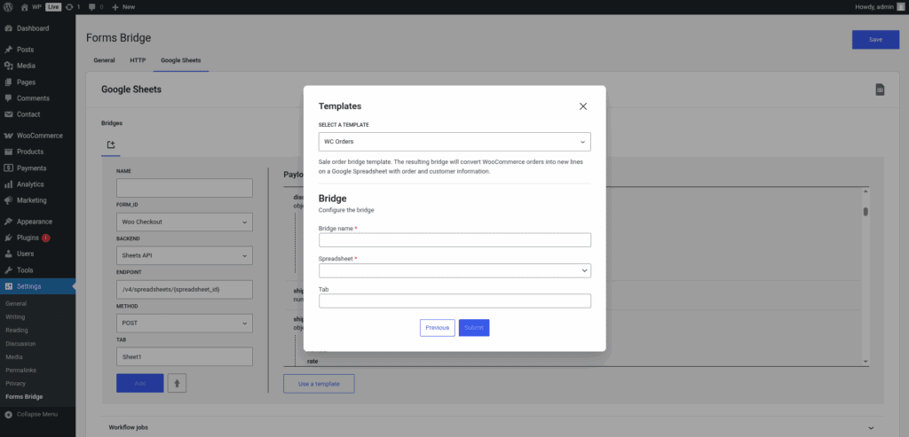 Screenshot of the bridge step of the addon's template wizard with thre fields: Bridge's name, a spreadsheet selector and the tab name.
