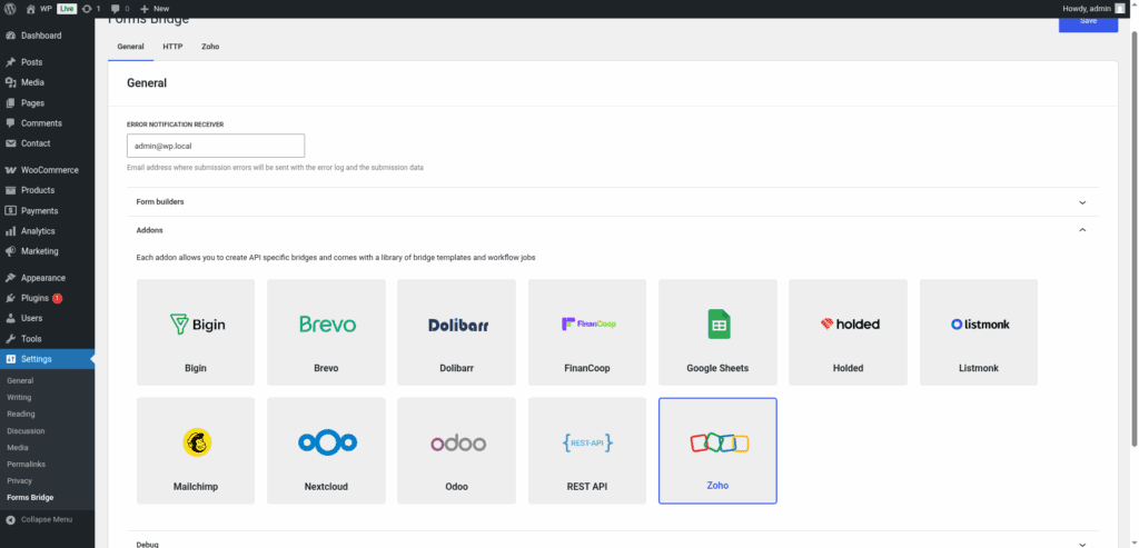 Screenshot of the addons panel on the general settings tab with the Zoho addon activated