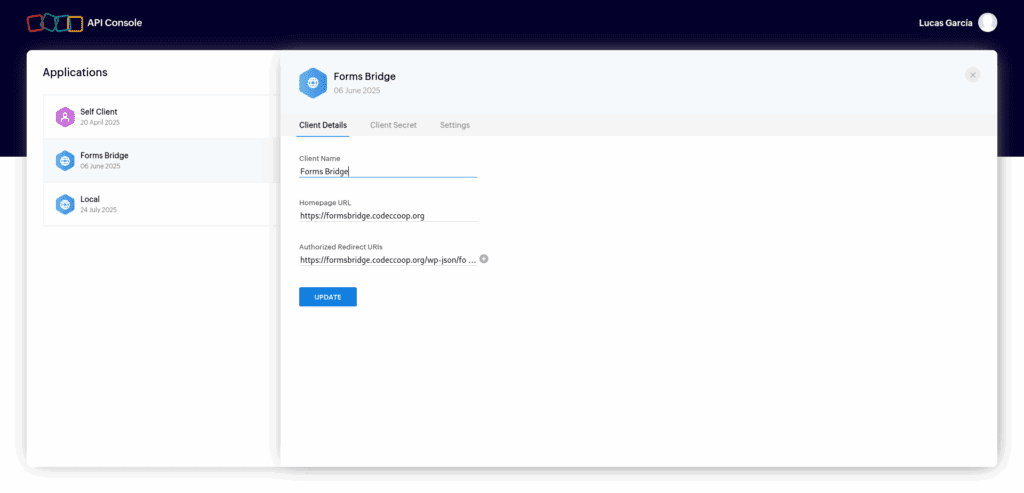 Screenshot of a Server-based application client from the Zoho API Console.