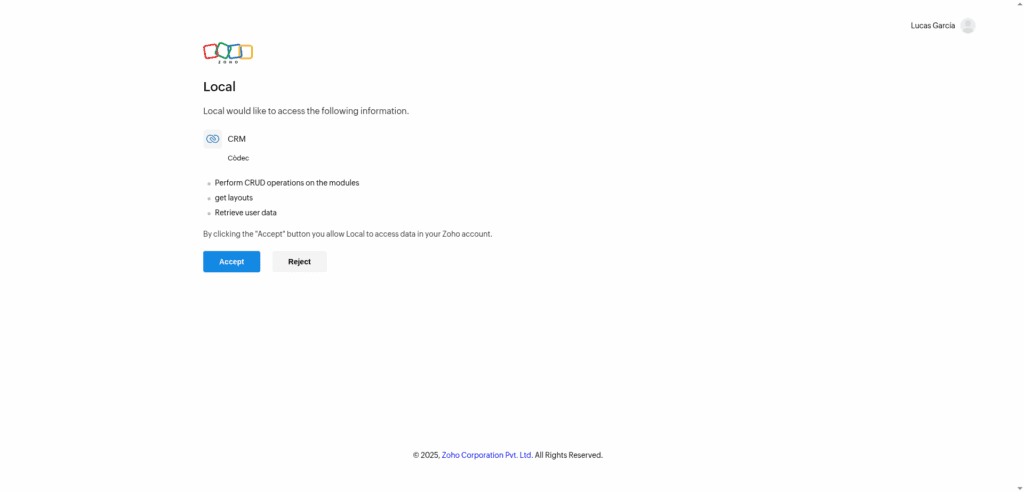 Screenshot of the Zoho CRM consent page