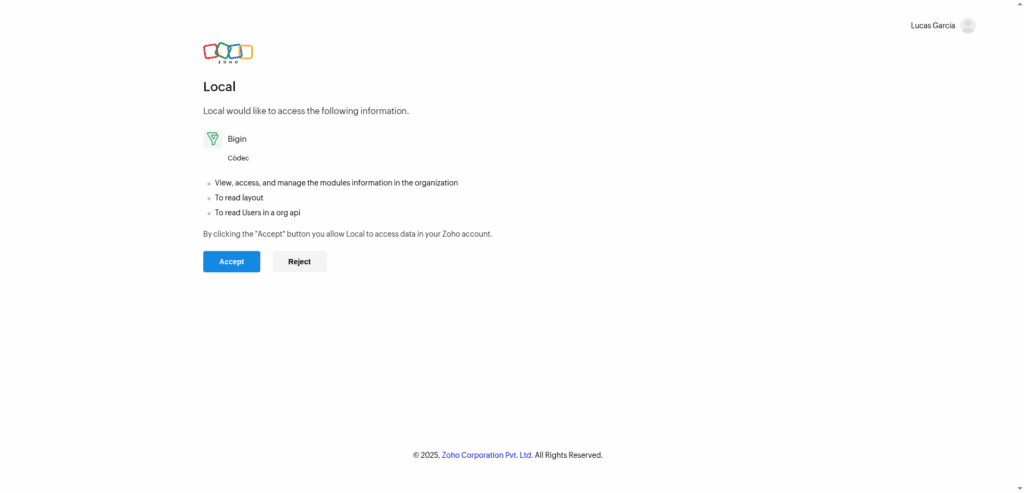Screenshot of the Zoho Bigin consent page
