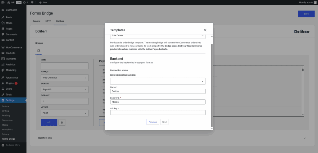 Screenshot of the backend step of the Dolibarr's template wizard.