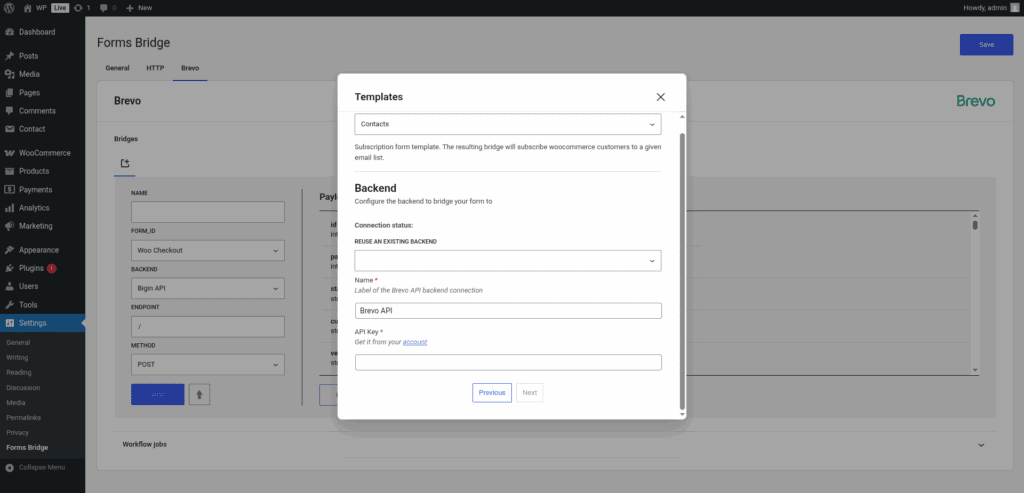 Screenshot of the backend step of the Bevo's template wizard.