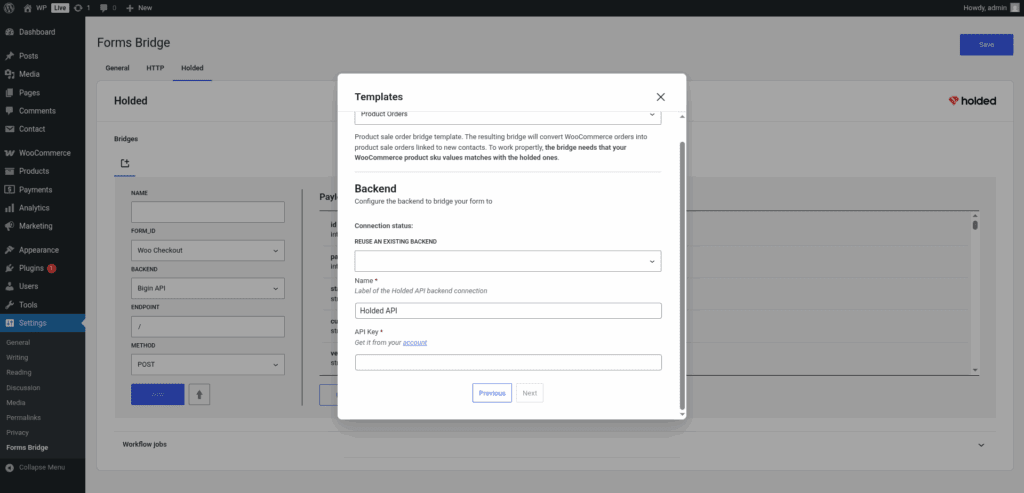 Screenshot of the backend step of the Holded's template wizard