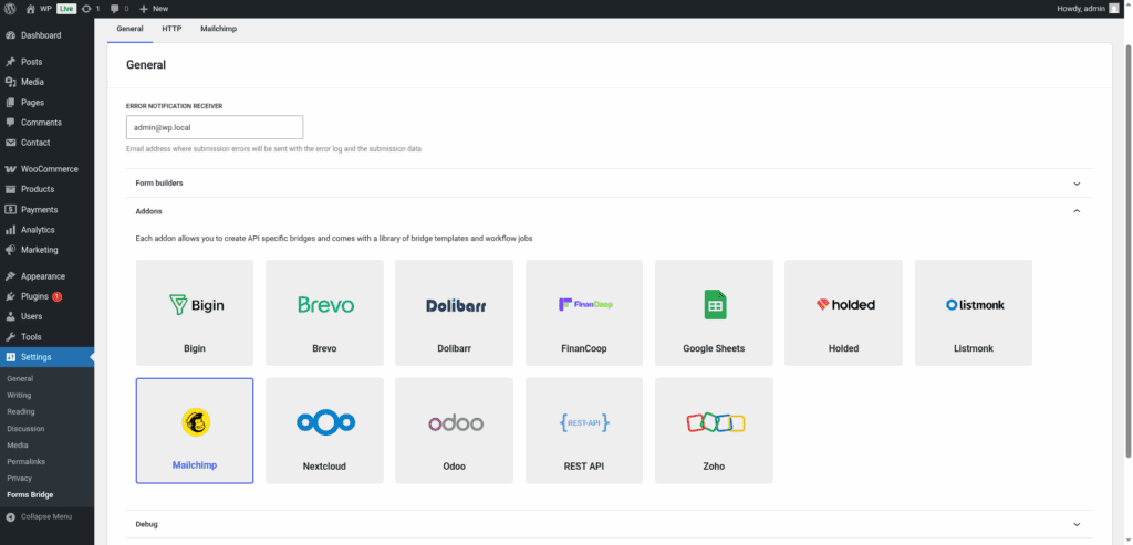 Screenshot of the addons panel on the general settings tab with the Mailchimp addon activated