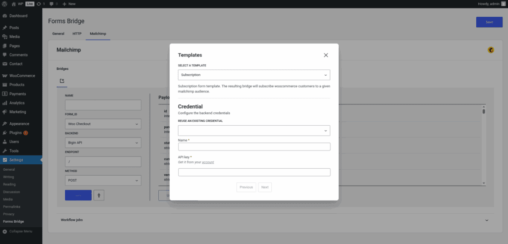 Screenshot of the credential step of Mailchimp's template wizard