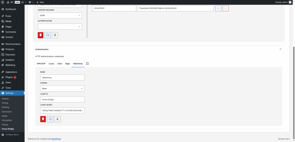 Screenshot with an example of a Basic credential with forms-bridge as client ID and a random token as the client secret