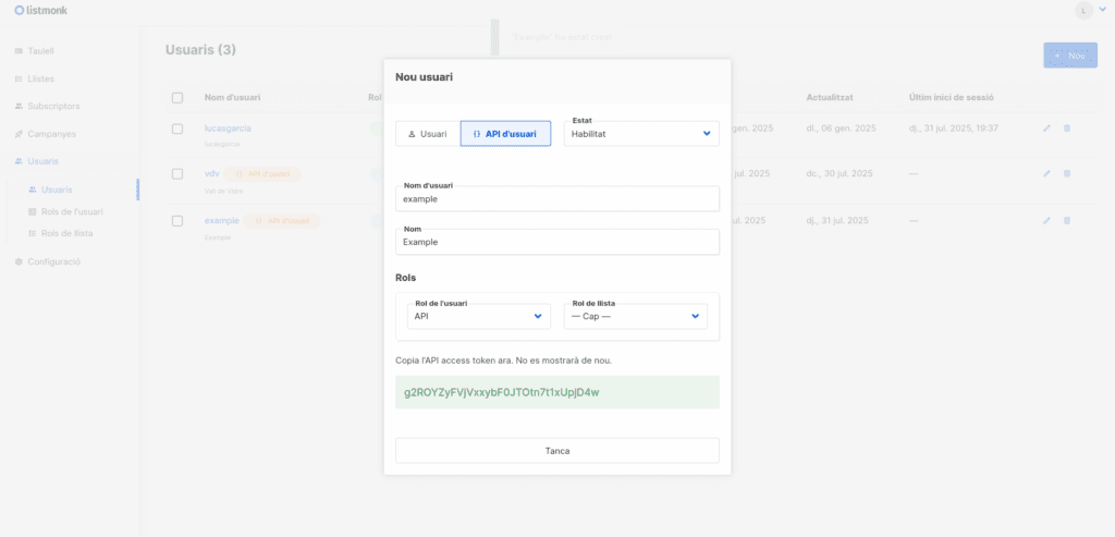 Screenshot of the pop-up with which listmonk shows you the API token of a newly created API user.