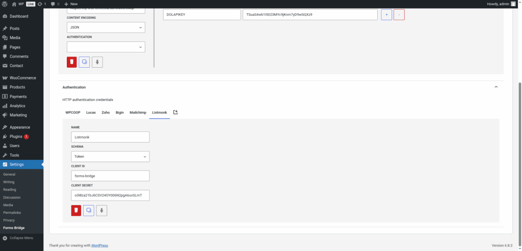 Screenshot with an example of a Token credential with forms-bridge as client ID and a random token as the client secret