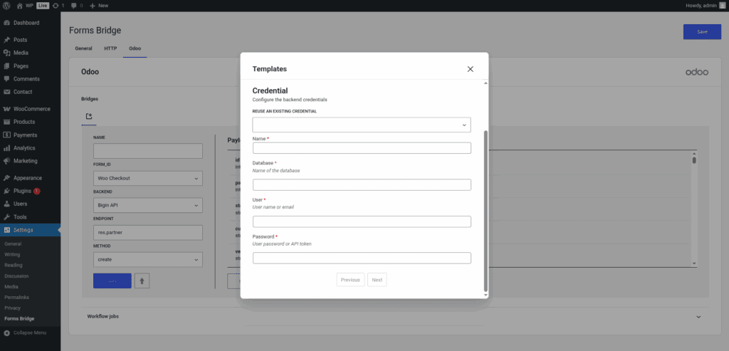 Screenshot of the credential step of the Odoo's template wizard.