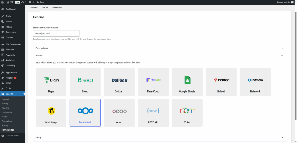 Screenshot of the addons panel on the general settings tab with the Nextcloud addon activated