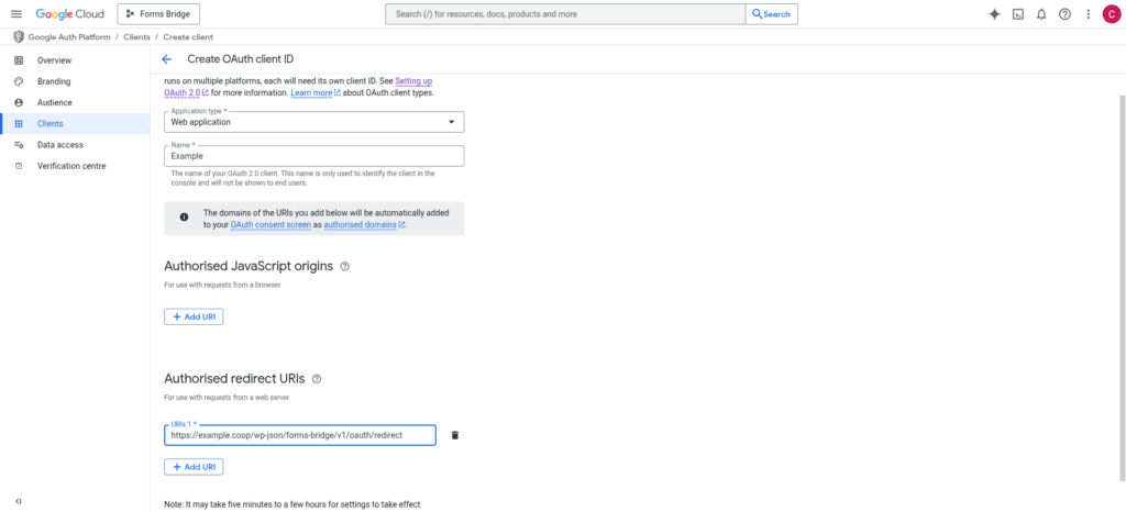 Screenshot of the OAuth client ID configuration funel with Example as name and https://example.coop/wp-json/forms-bridge/v1/oauth/redirect as redirection URI
