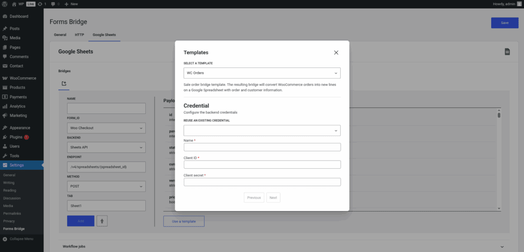 Screenshot of the credential step of the addon's template wizard. The form has name, Client ID and Client secret fields