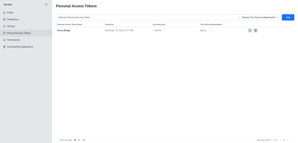 Personal Access Tokens panel of the Rocket.Chat account settings page