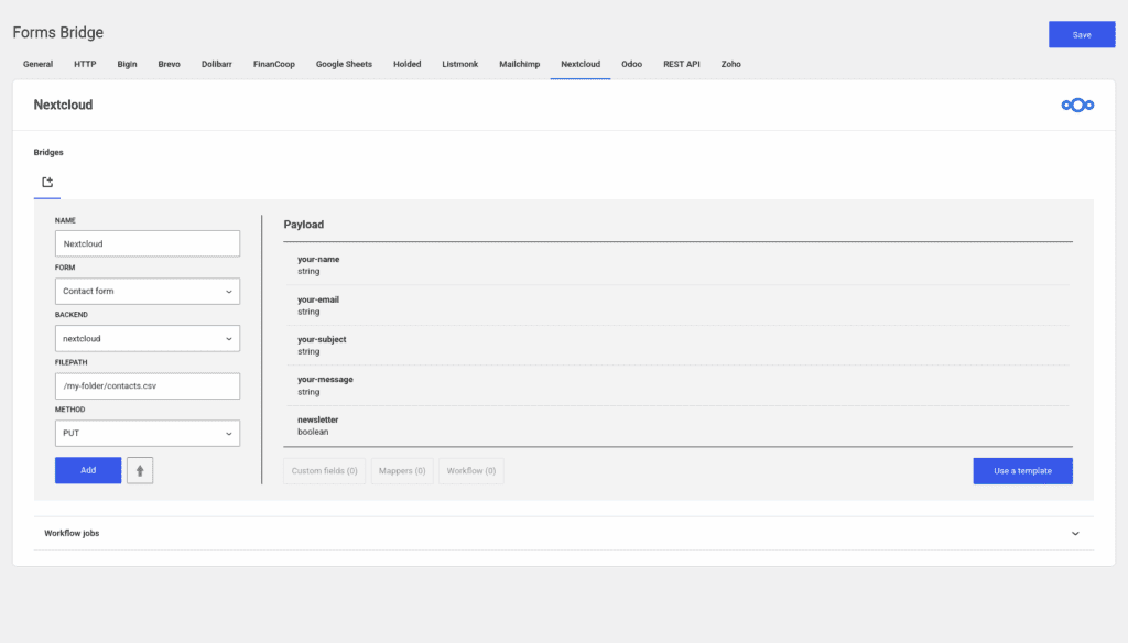 Screenshot of a nextcloud bridge configuration setup