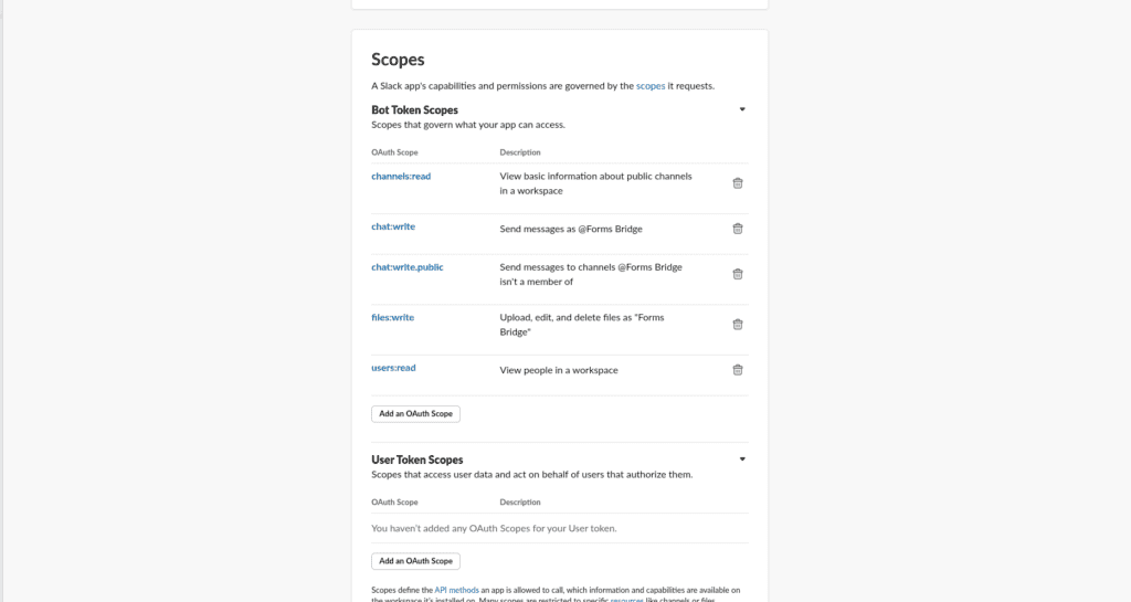 Screenshot of the scopes panel of a Slack app with all the required scopes granted.