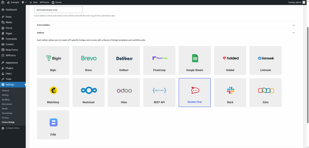 Screenshot of the add-ons panel on the general settings tab with the Zulip add-on activated