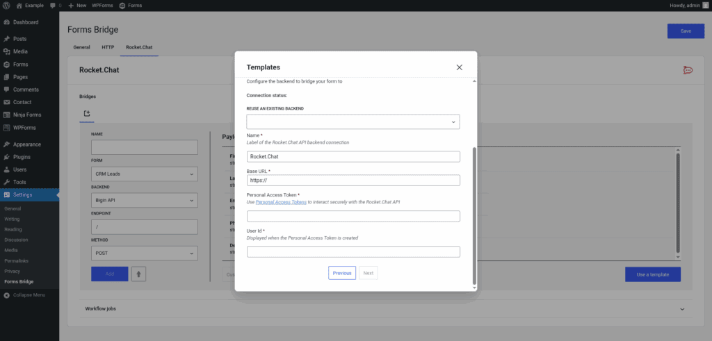 Screenshot of the backend step of the Rocket.Chat template wizard.