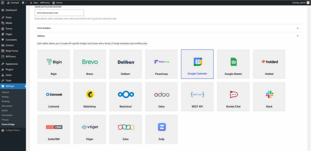 Screenshot of the addons panel on the general settings tab with the Google Calendar addon activated
