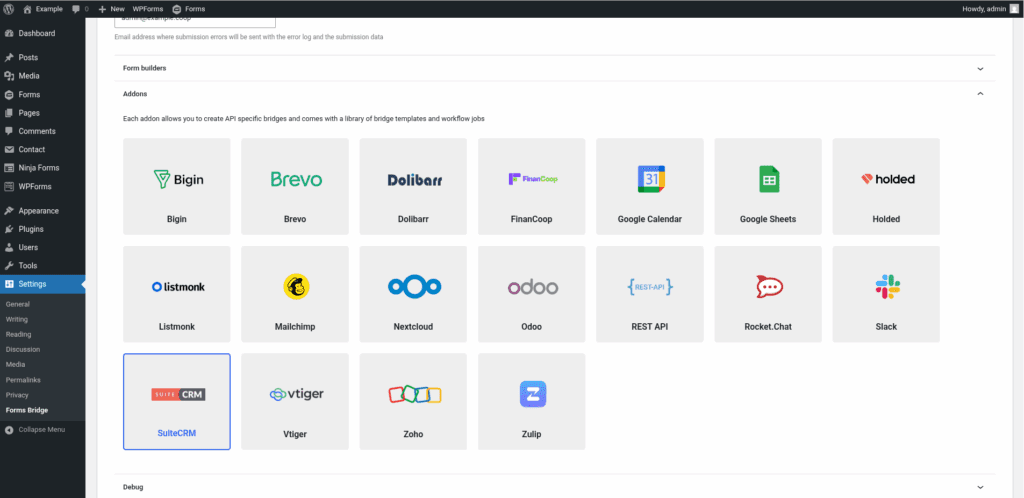 Screenshot of the add-ons panel on the general settings tab with the SuiteCRM add-on activated