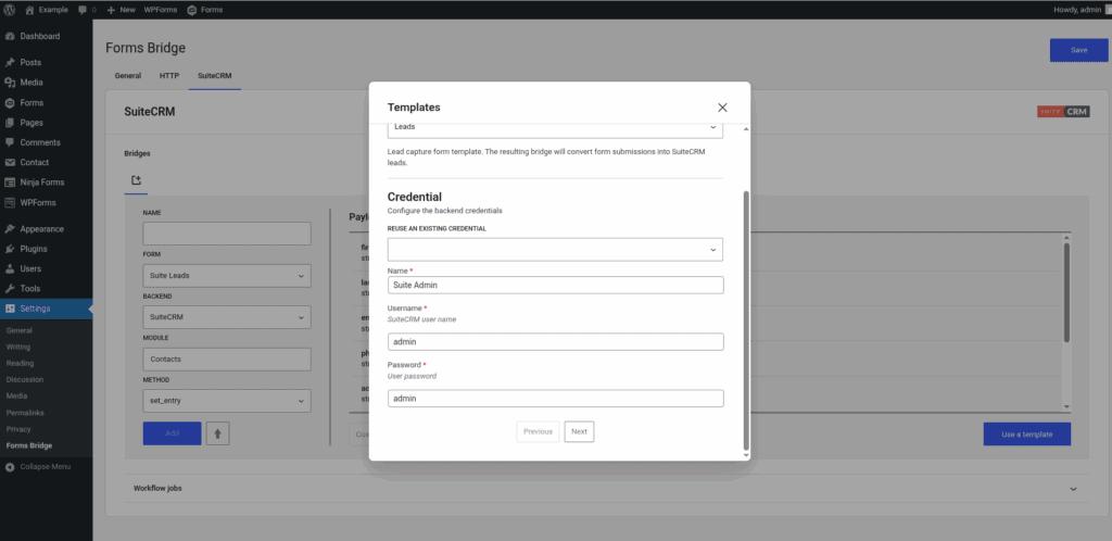 Screenshot of the credential step of the template wizard from the SuiteCRM addon 