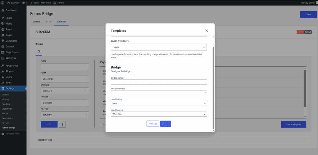 Screenshot of the bridge step of the template wizard from the SuiteCRM addon. The image shows the bridge name field along with the Assigned User, Lead Source and Lead Status optional fields.
