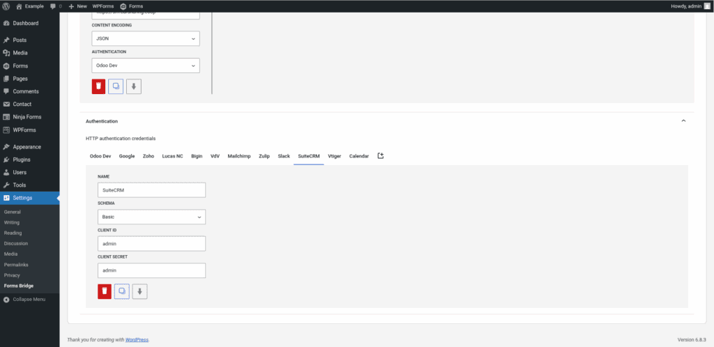 Screenshot with an example of a Basic credential with admin as client ID and a admin as the client secret value.