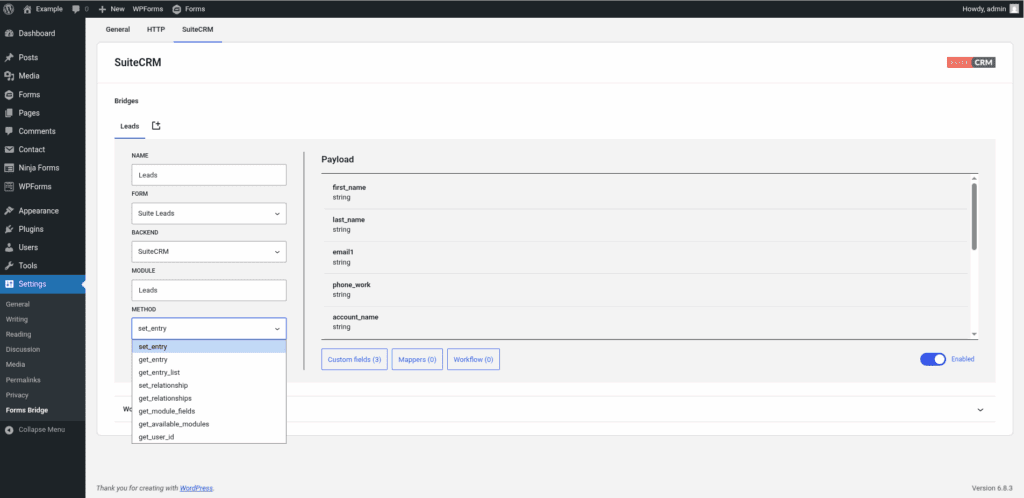 Screenshot of a SuiteCRM bridge with the module dropdown expanded showing the complete list of custom API methods.