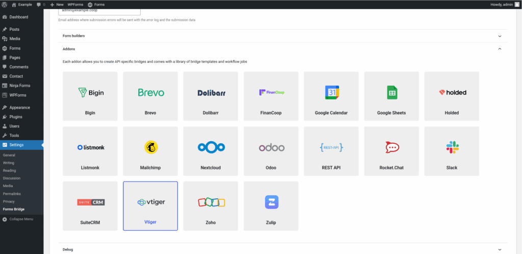 Screenshot of the add-ons panel on the general settings tab with the Vtiger add-on activated.