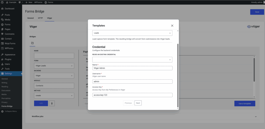 Screenshot of the credential step of the template wizard from the Vtiger addon 