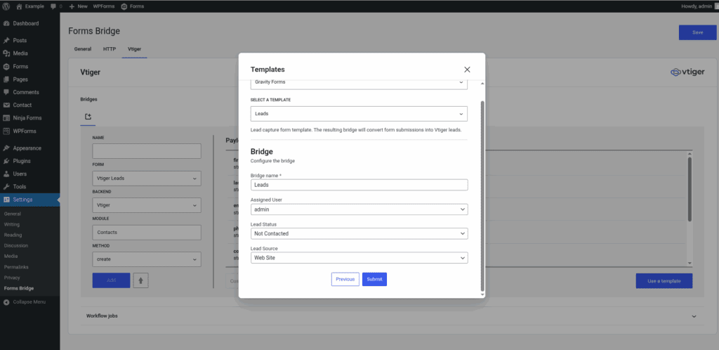 Screenshot of the bridge step of the template wizard from the SuiteCRM addon. The image shows the bridge name field along with the Assigned User, Lead Source and Lead Status optional fields.