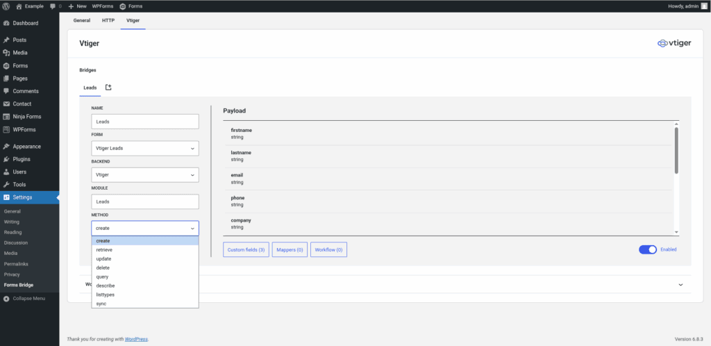 Screenshot of a Vtiger bridge with the module dropdown expanded showing the complete list of custom API methods.