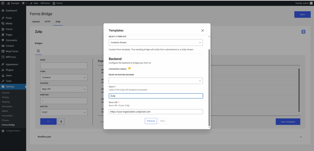 Screenshot of the backend step of the Zulip template wizard.