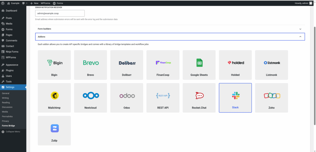 Screenshot of the add-ons panel on the general settings tab with the Slack add-on activated