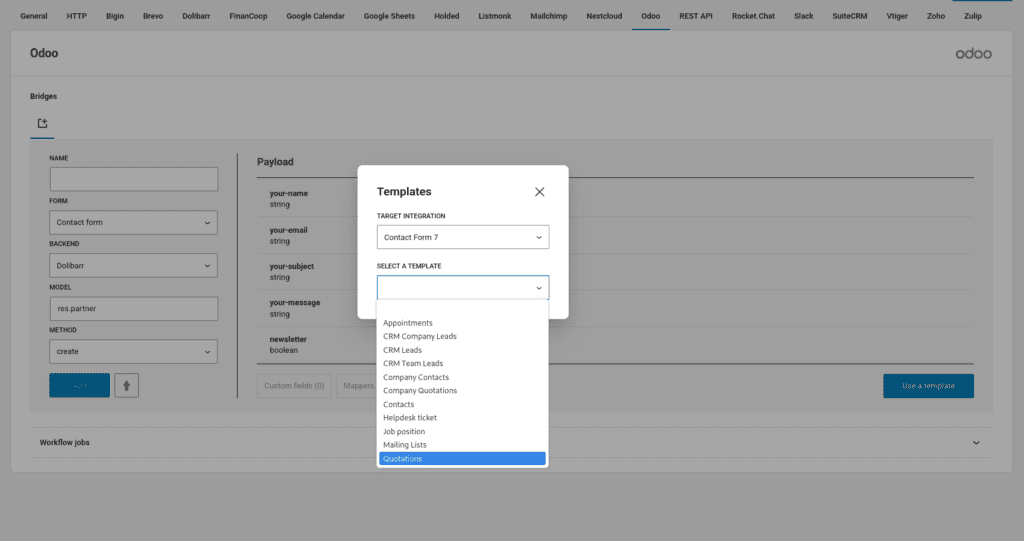 Odoo add-on template wizard with the templates dropdown expanded and the quotations option focused.