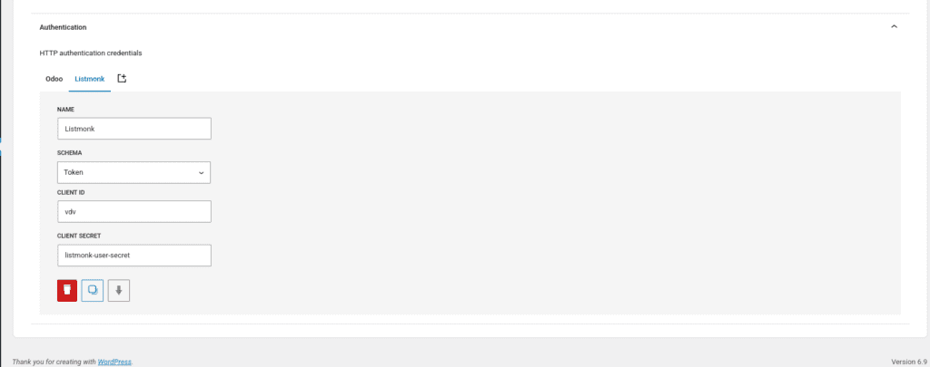 Screenshot of the Token credential with the listmonk api user credentials.