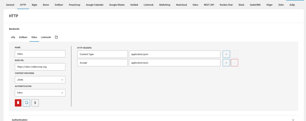 Screenshot of the backend connection configured to point to our Odoo instance and linked with the RPC credential.