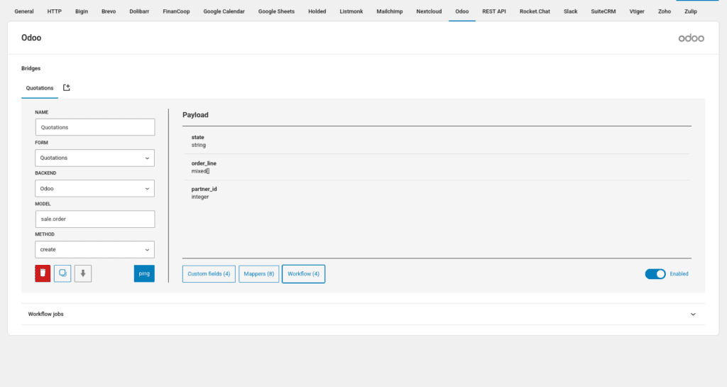 Screenshot of the odoo bridge configuration after the addition of the new mapper to ignore the listmonk field. 
