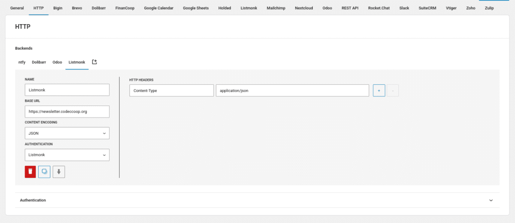 Screenshot of the backend connection configuration to point to our listmonk instance.
