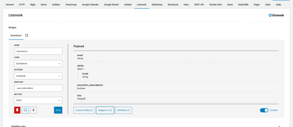 Screenshot of the listmonk bridge configuration.