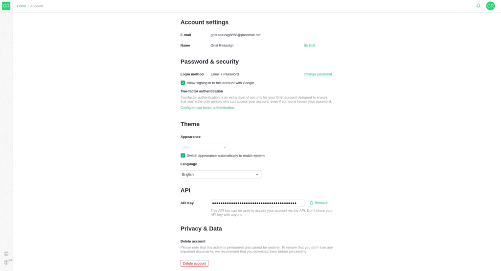 Screenshot of an Grist account dashboard