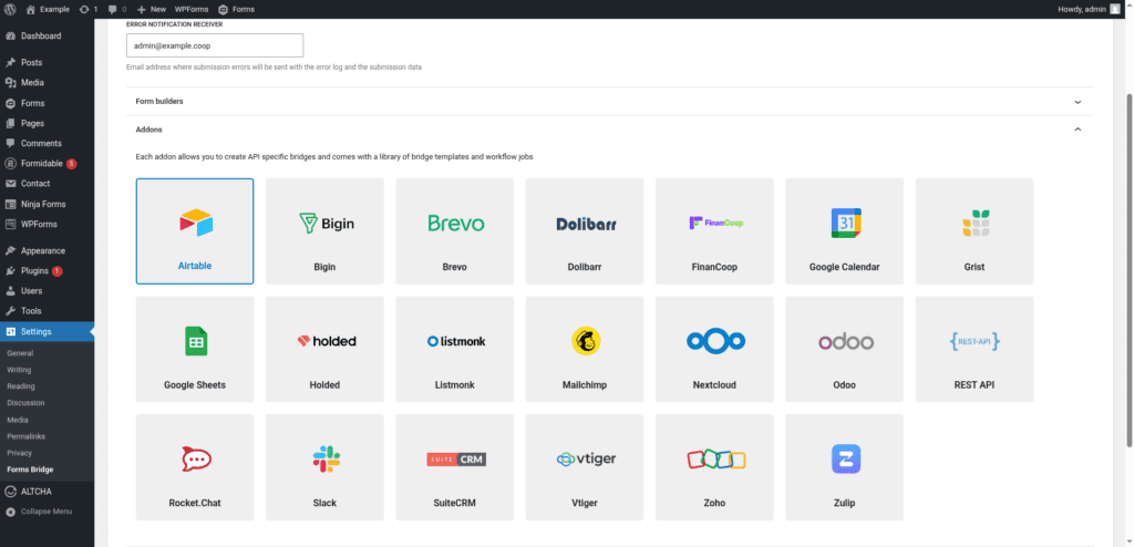 Screenshot of the add-on panel on the general settings tab with the Airtable add-on activated