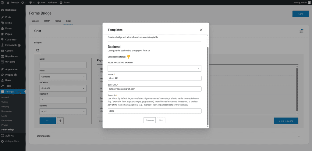 Screenshot of the add-on's template wizard backend step with three visible fields: Backend name, base URL and team ID.