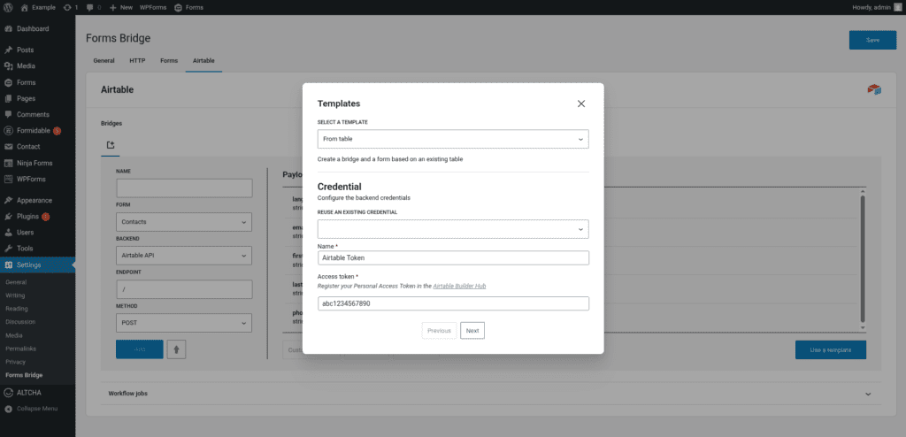 Screenshot of the credential step of the add-on's template wizard. The form has name and the access token fields.