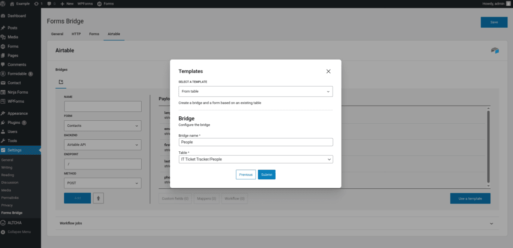 Screenshot of the bridge step of the add-on's template wizard with two fields: Bridge name and a selector with available Airtable tables