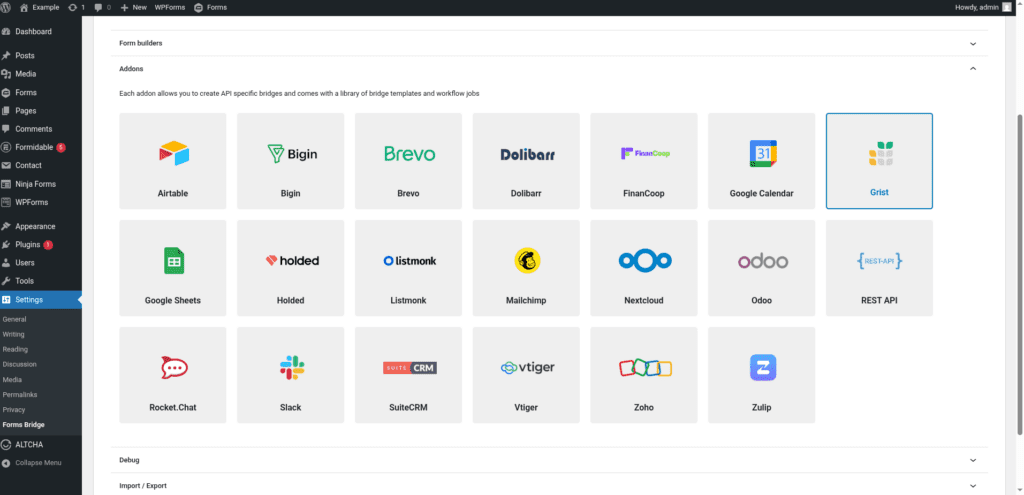 Screenshot of the add-on panel on the general settings tab with the Grist add-on activated