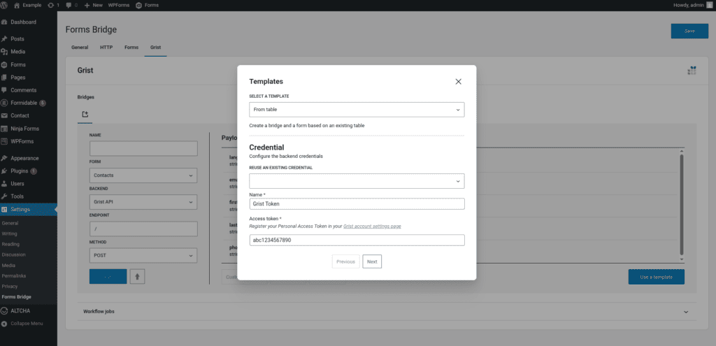 Screenshot of the credential step of the add-on's template wizard. The form has name and the access token fields.
